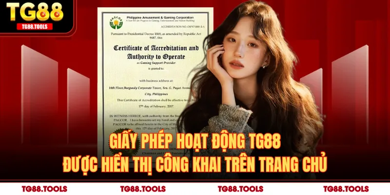 Giấy phép hoạt động TG88 được hiển thị công khai trên trang chủ